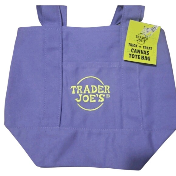 Trader Joes Mini Canvas Tote Bag 2 Piece Set Purple and Multi Color NWT - Picture 4 of 5